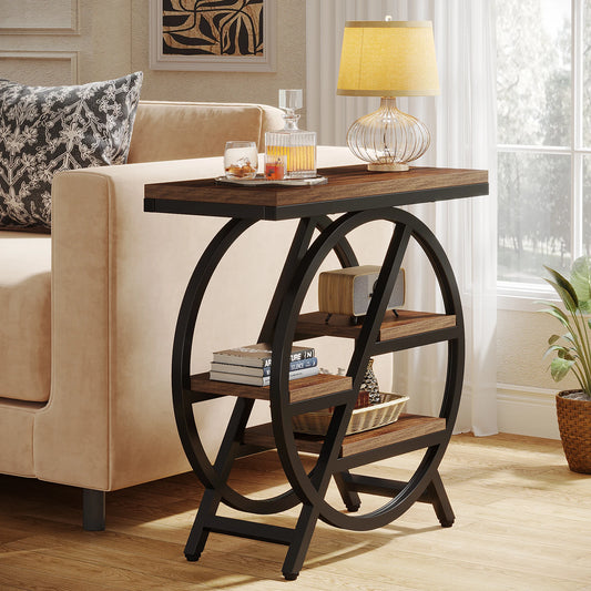 Table d'appoint André — bois, métal, rangement intégré, 3 niveaux