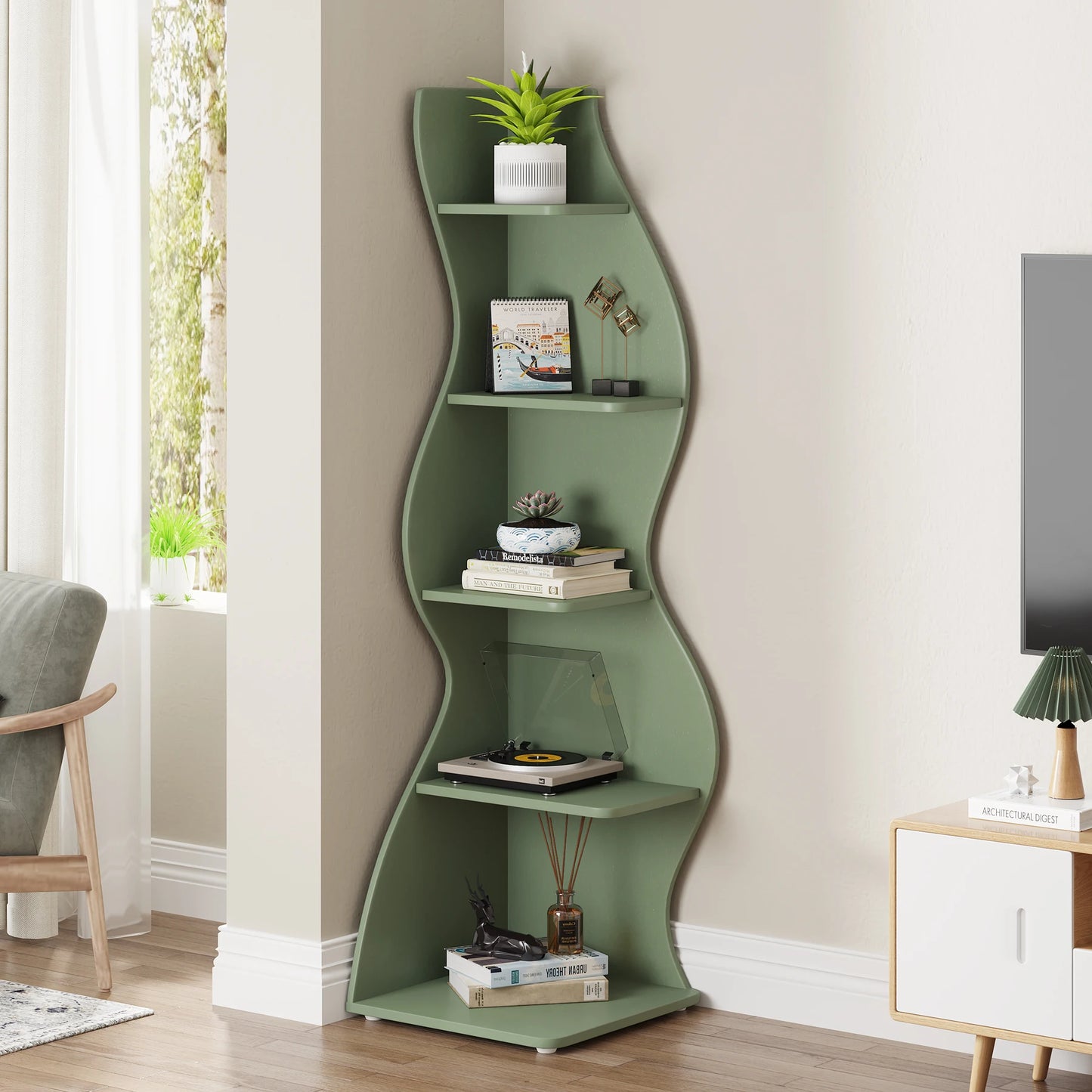 Bibliothèque Jules — design contemporain, rangement intégré, 5 niveaux, meuble d'angle