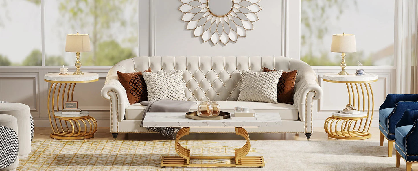 Table d'appoint Pénélope — finition dorée, marbre, design contemporain, rangement intégré