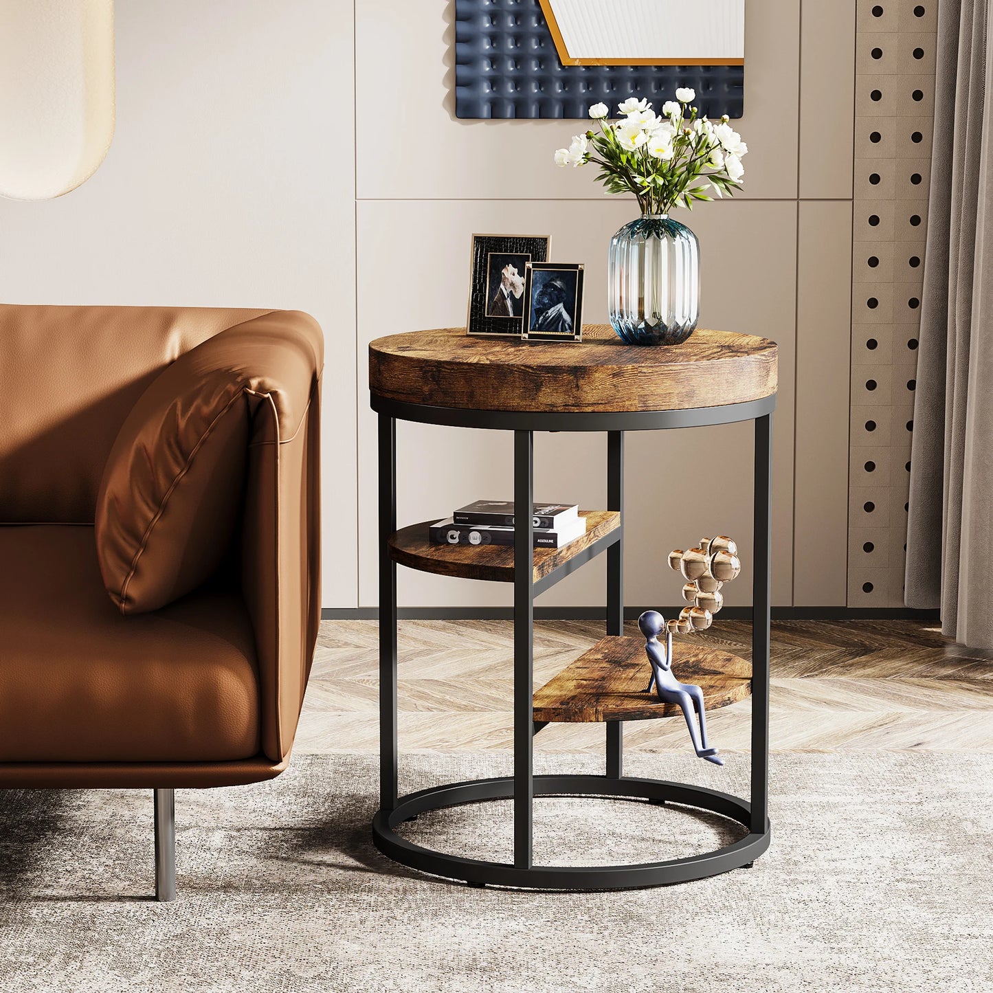 Table d'appoint Pauline — bois, style industriel, rangement intégré, ronde