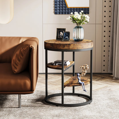 Table d'appoint Pauline — bois, style industriel, rangement intégré, ronde