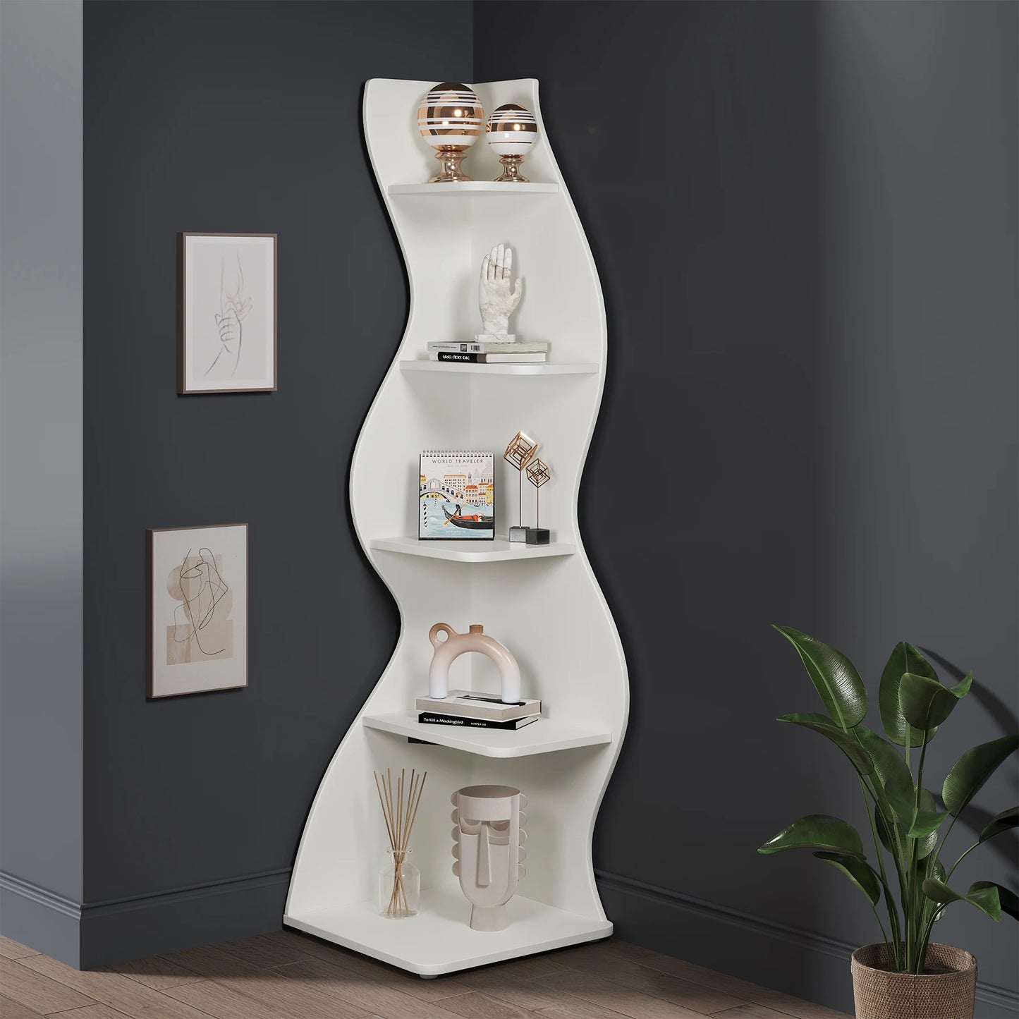 Bibliothèque Jules — design contemporain, rangement intégré, 5 niveaux, meuble d'angle