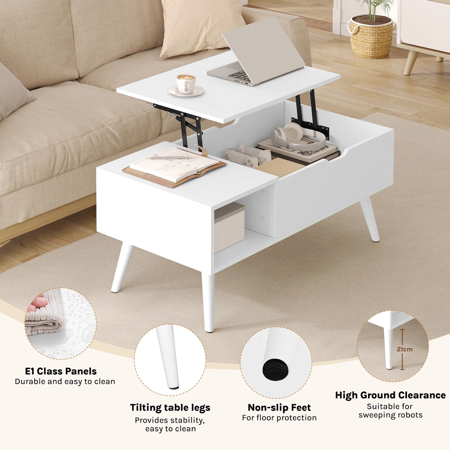 WOLTU Height-Adjustable Coffee Table with Hidden Storage Lifting Board Folding Table for Living Room Side and Sofa Table