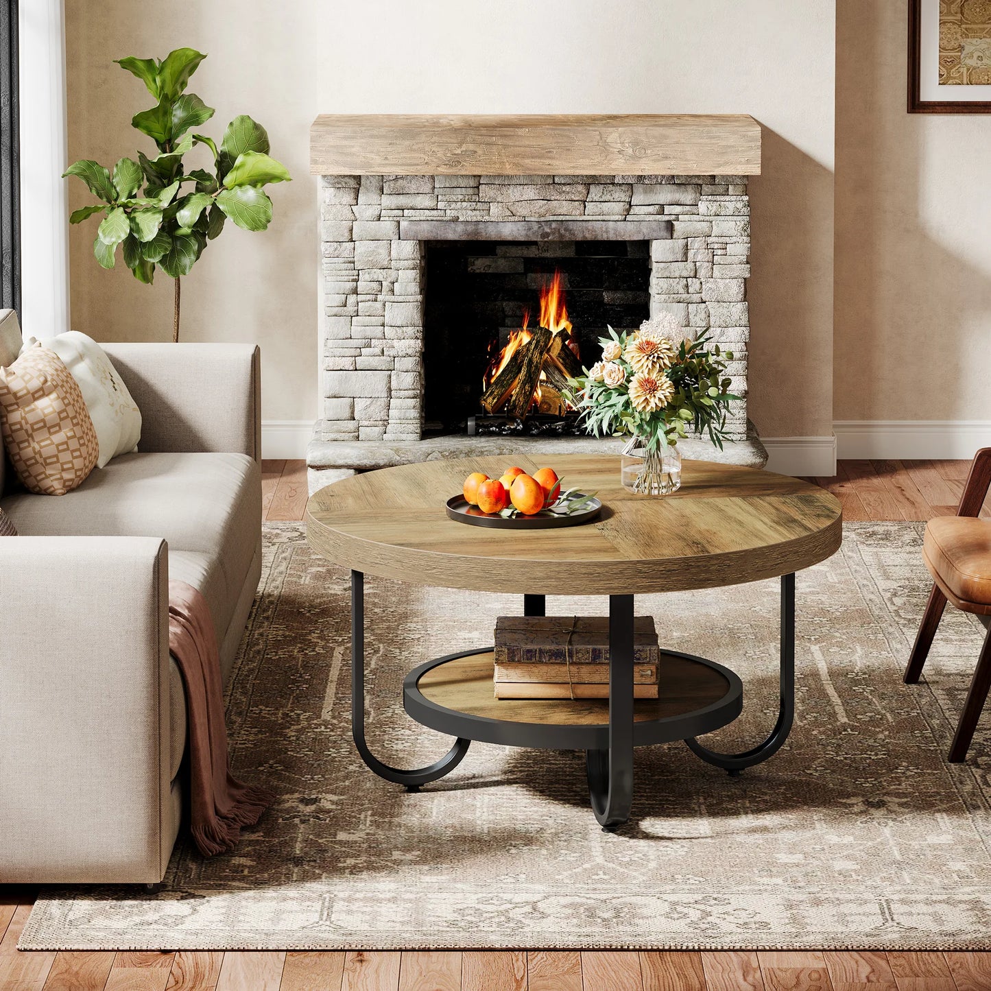 Table basse Ursule — rangement intégré, 2 niveaux, ronde, étagères ouvertes