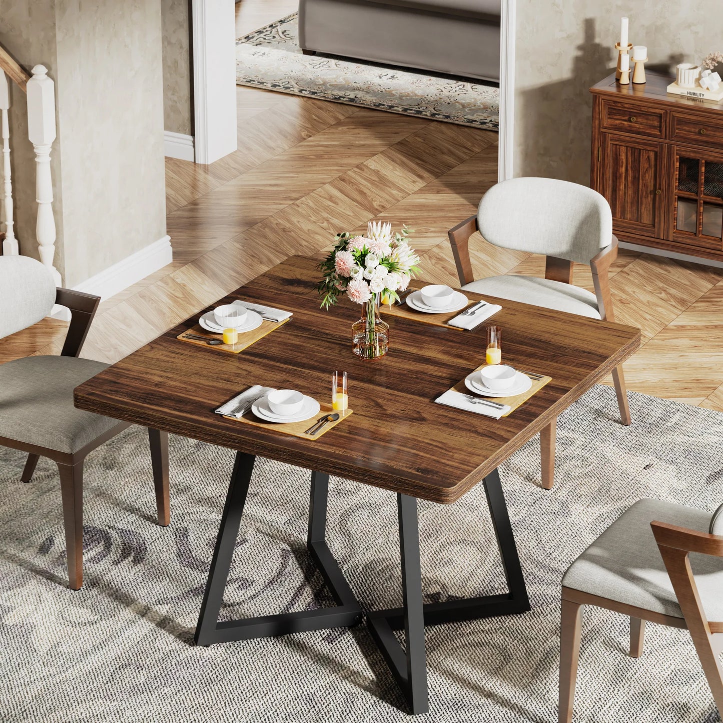 Table de salle à manger Astrid — bois, métal, style industriel, carrée