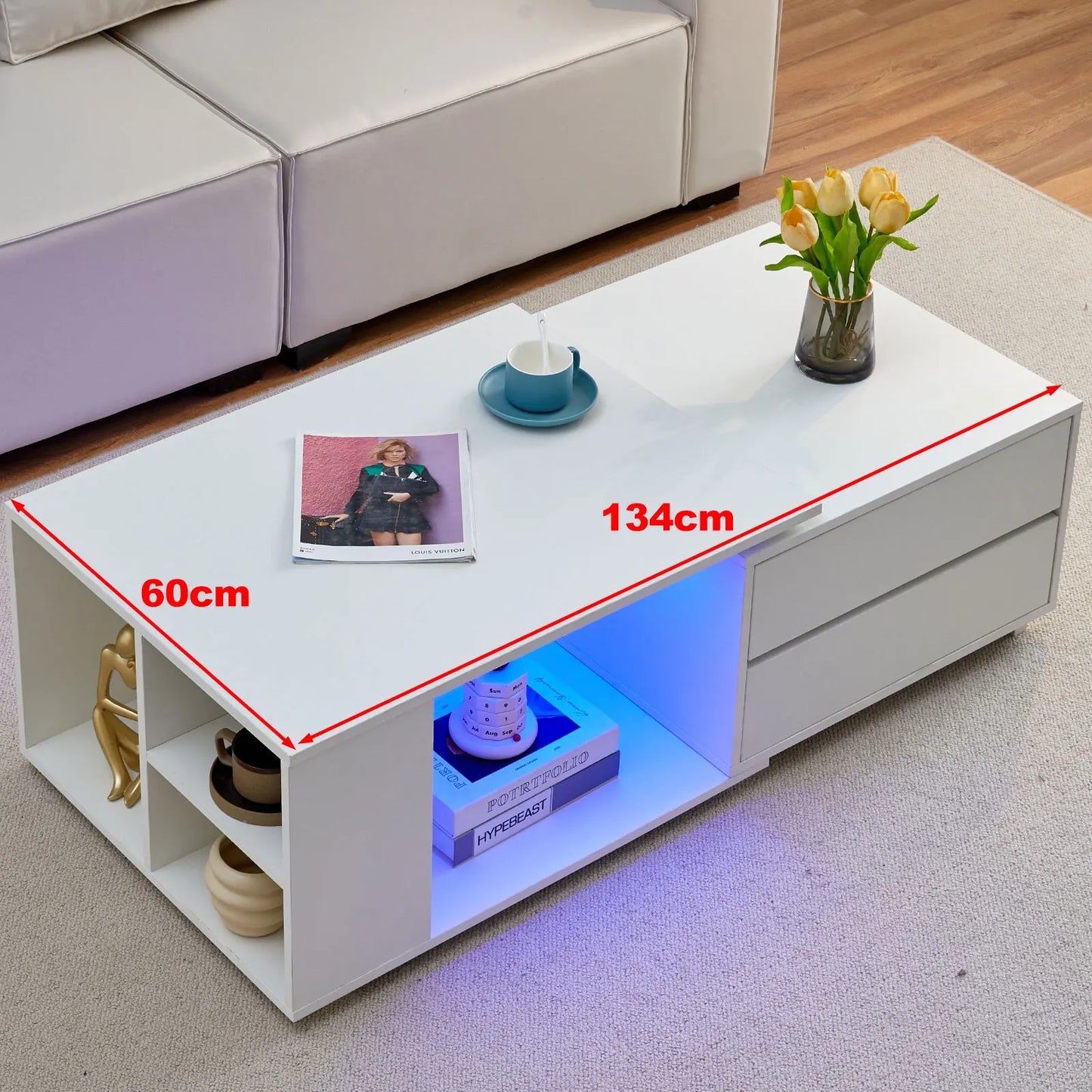 Extendable Coffee Table with LED Light, Living Room Centre Table with 4 Storage Drawers Shelves, Modern Wooden Sofa Side Table