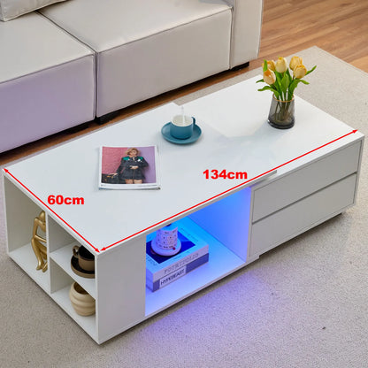 Extendable Coffee Table with LED Light, Living Room Centre Table with 4 Storage Drawers Shelves, Modern Wooden Sofa Side Table