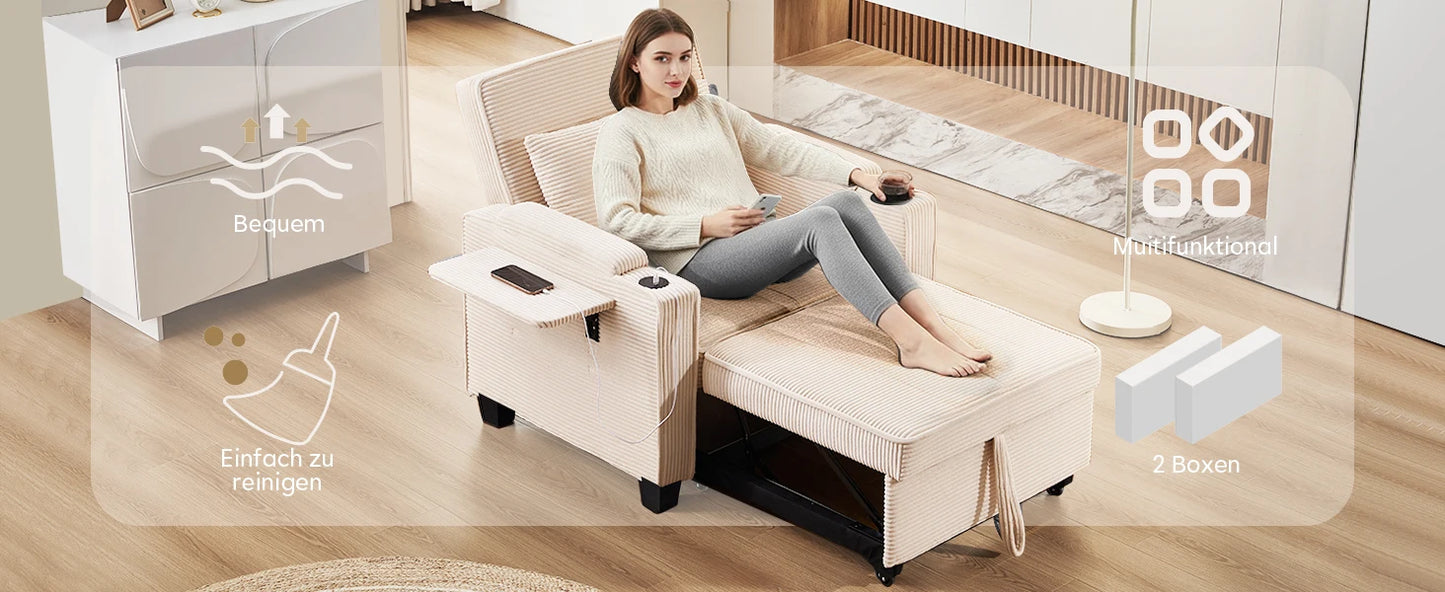 3-in-1 Single Sofa Bed with USB and Type-C, Adjustable Backrest TV Chair with Drink Holder and Armrest for Small Room Apartments