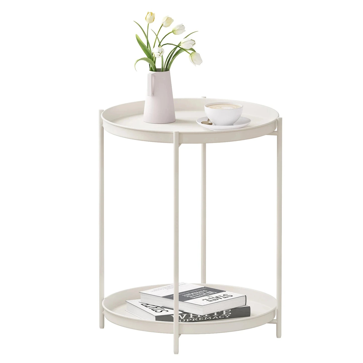 WOLTU Round Coffee Table Metal Side Table with Storage Space 2 Removable Trays Bedside Table for Bedroom Living Room Decor