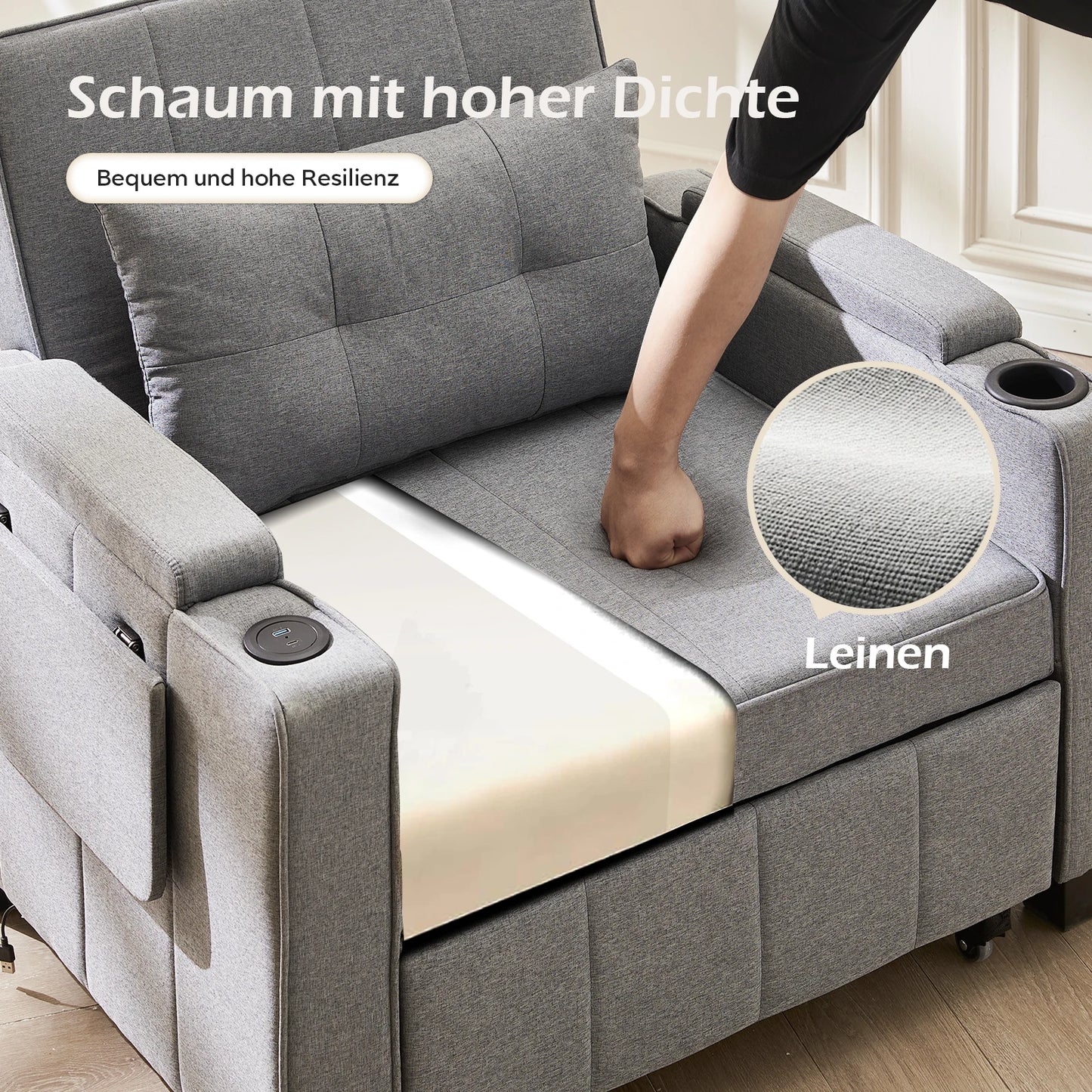 3-in-1 Sofa Bed with USB and Type-C, Adjustable Backrest TV Chair with Drink Holder and Armrest for Small Room Apartments