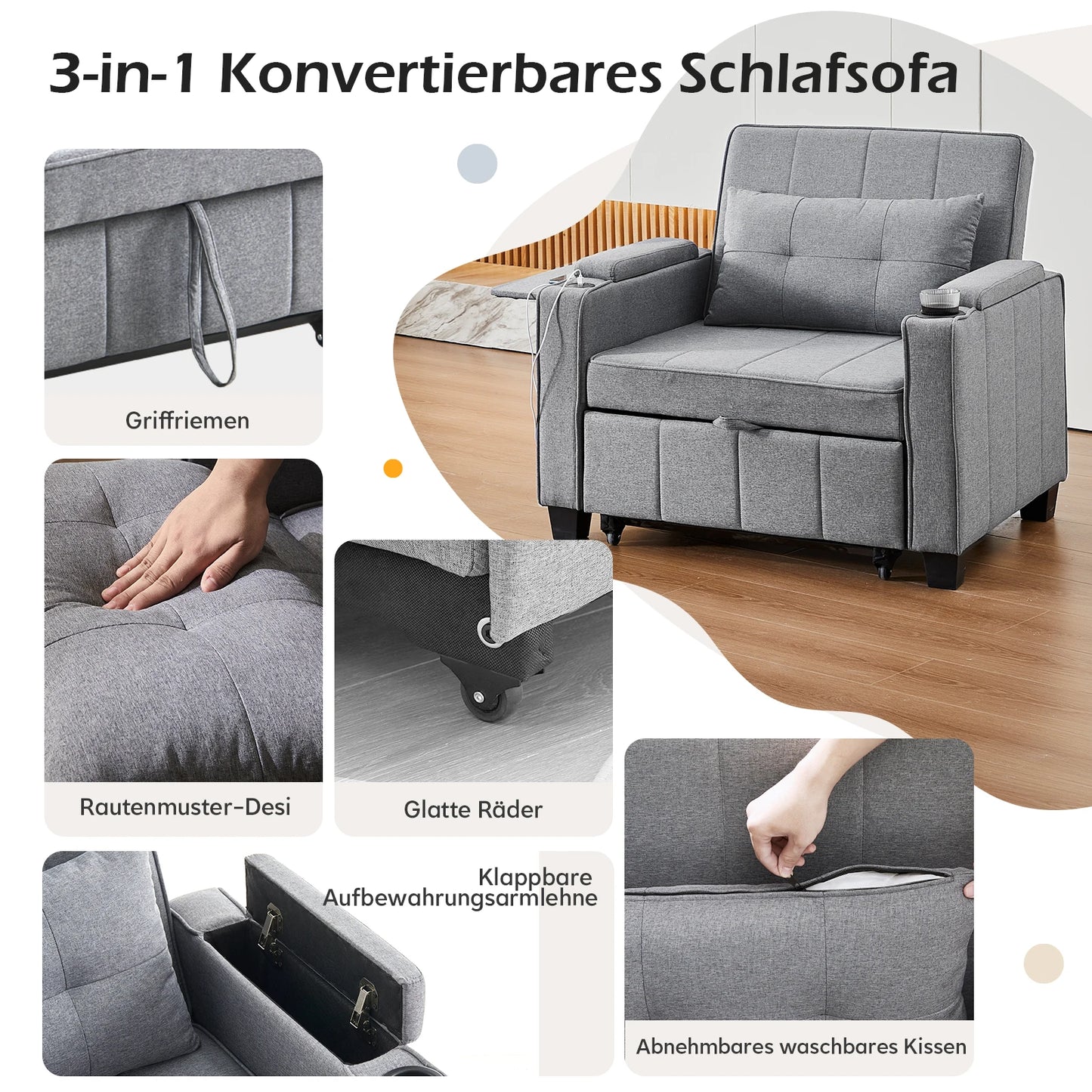 3-in-1 Sofa Bed with USB and Type-C, Adjustable Backrest TV Chair with Drink Holder and Armrest for Small Room Apartments