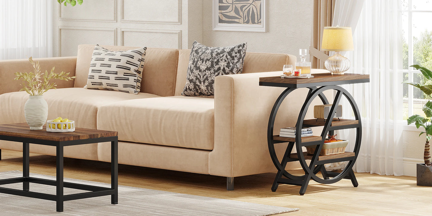 Table d'appoint André — bois, métal, rangement intégré, 3 niveaux