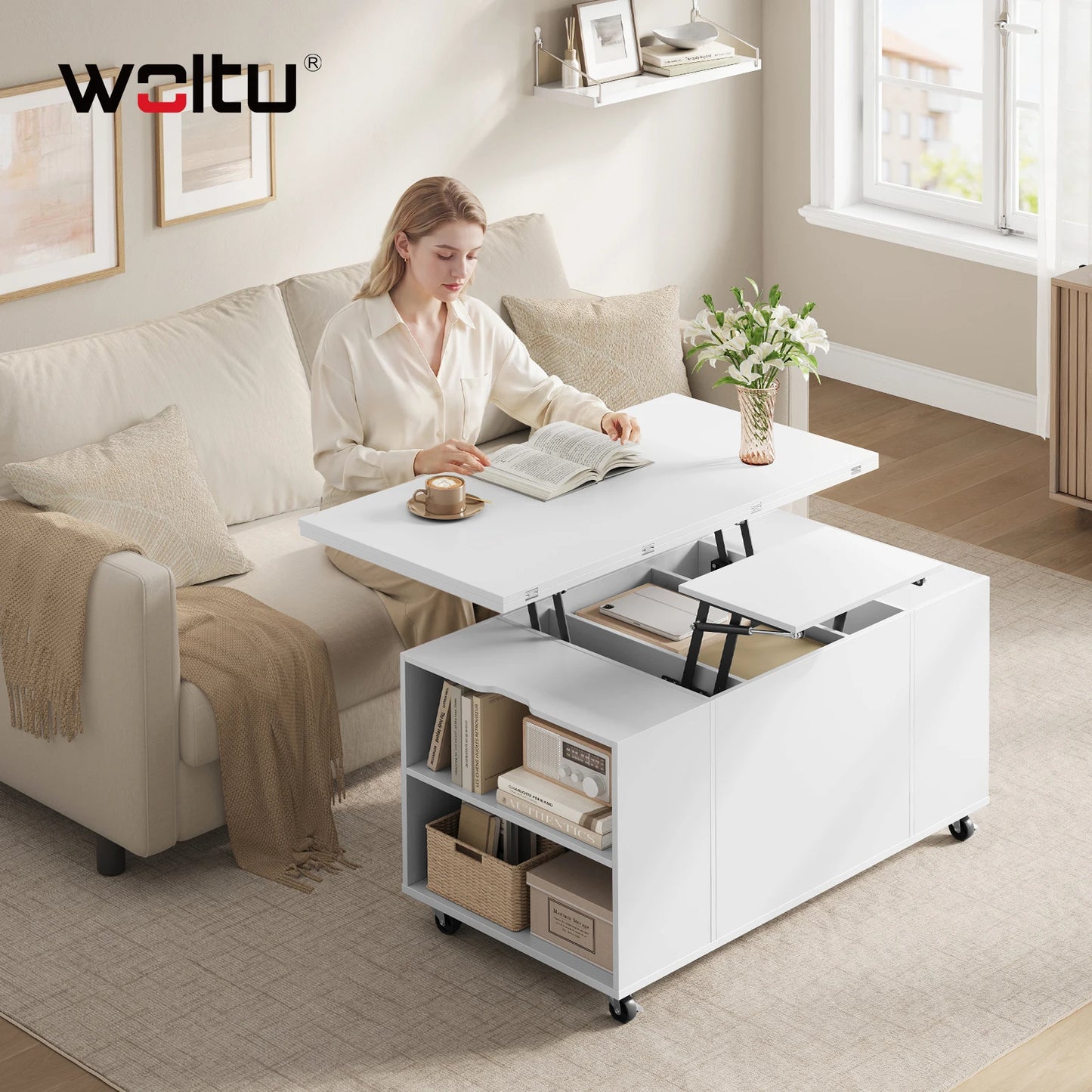 WOLTU Double Lift Top Coffee Table with Wheels Wood Sofa Table with Drawer and Storage Shelf Height-Adjustable Extendable for Living Room