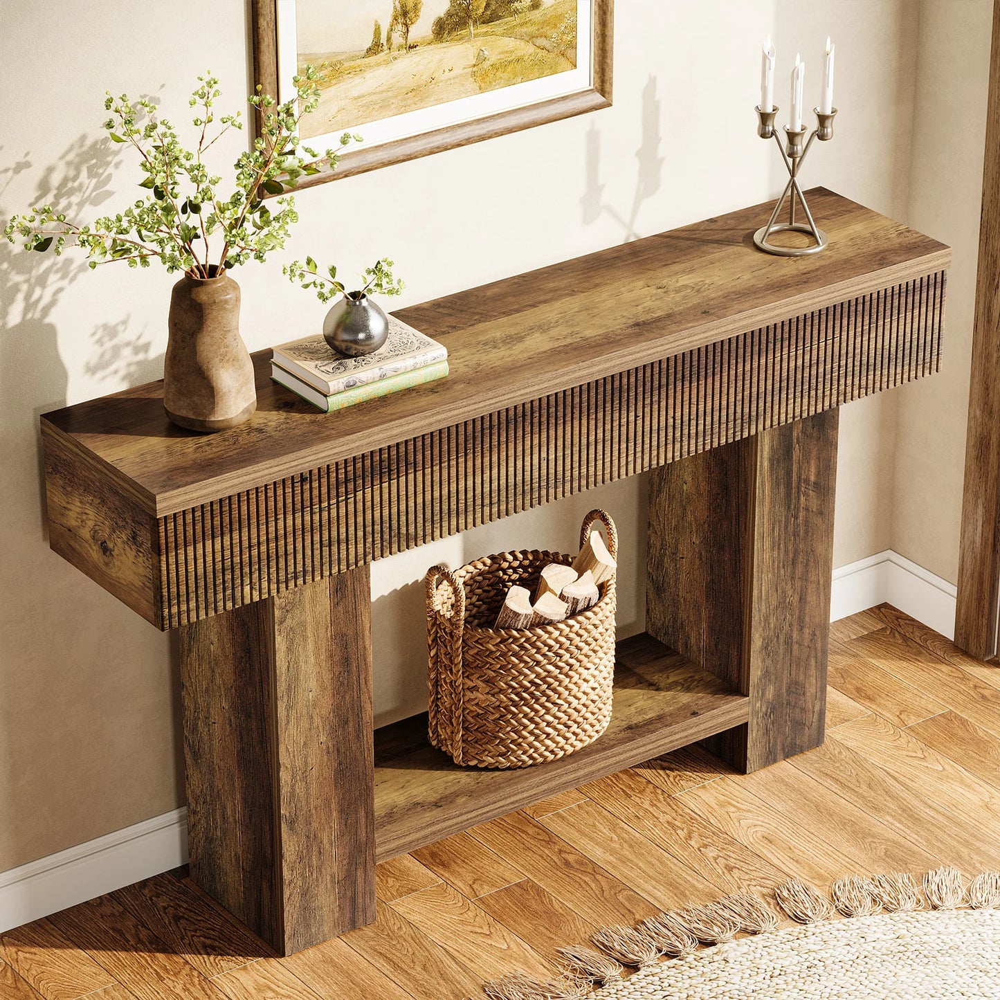 Console Ophélie — bois, style rustique, rangement intégré, 2 niveaux