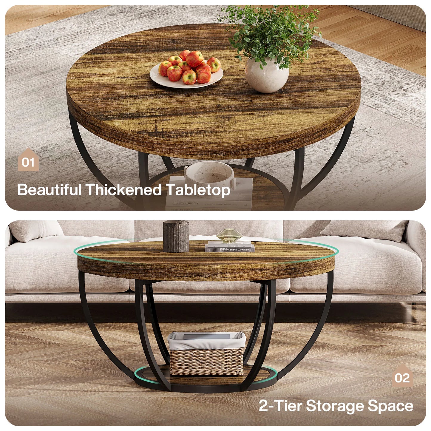 Table basse Marc — bois, style industriel, rangement intégré, 2 niveaux
