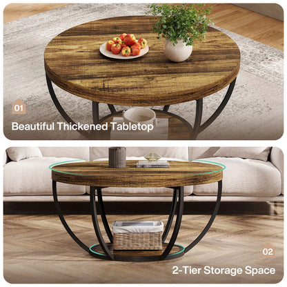 Table basse Marc — bois, style industriel, rangement intégré, 2 niveaux