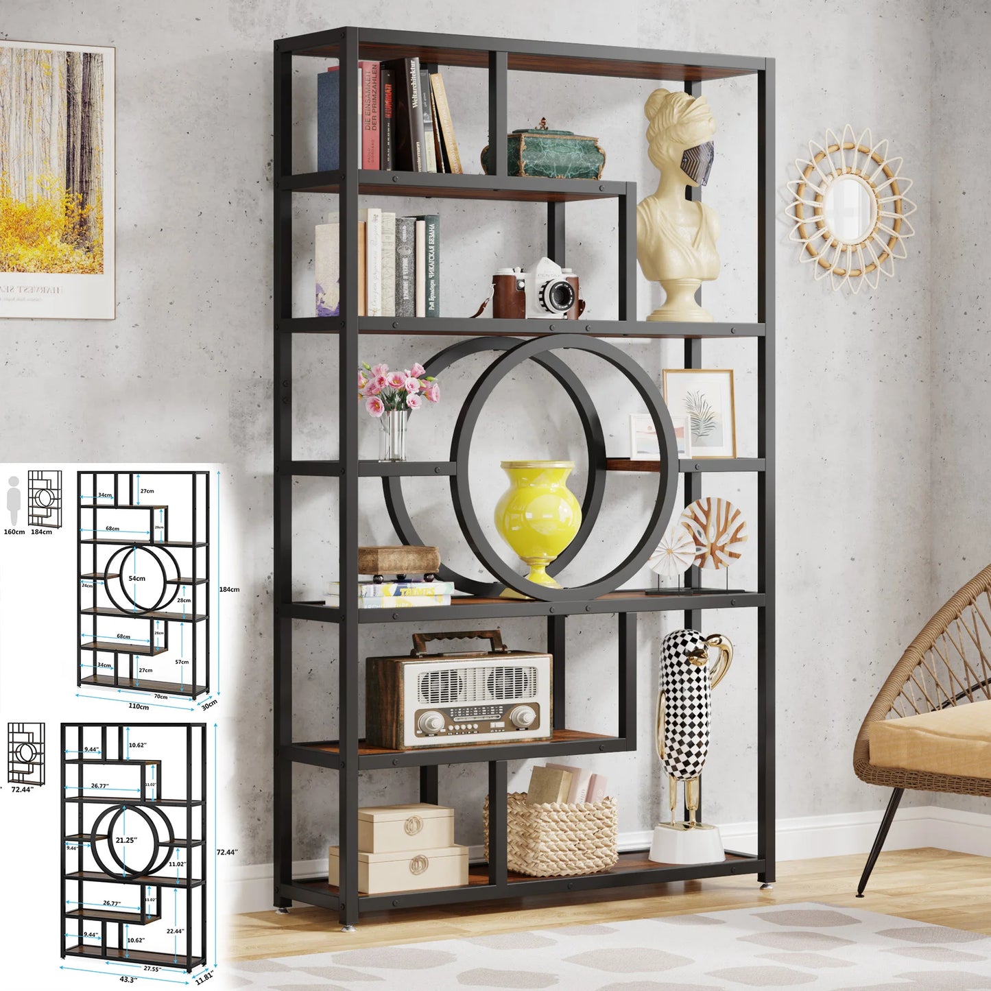 Bibliothèque Muriel — style industriel, rangement intégré, 5 niveaux, étagères ouvertes