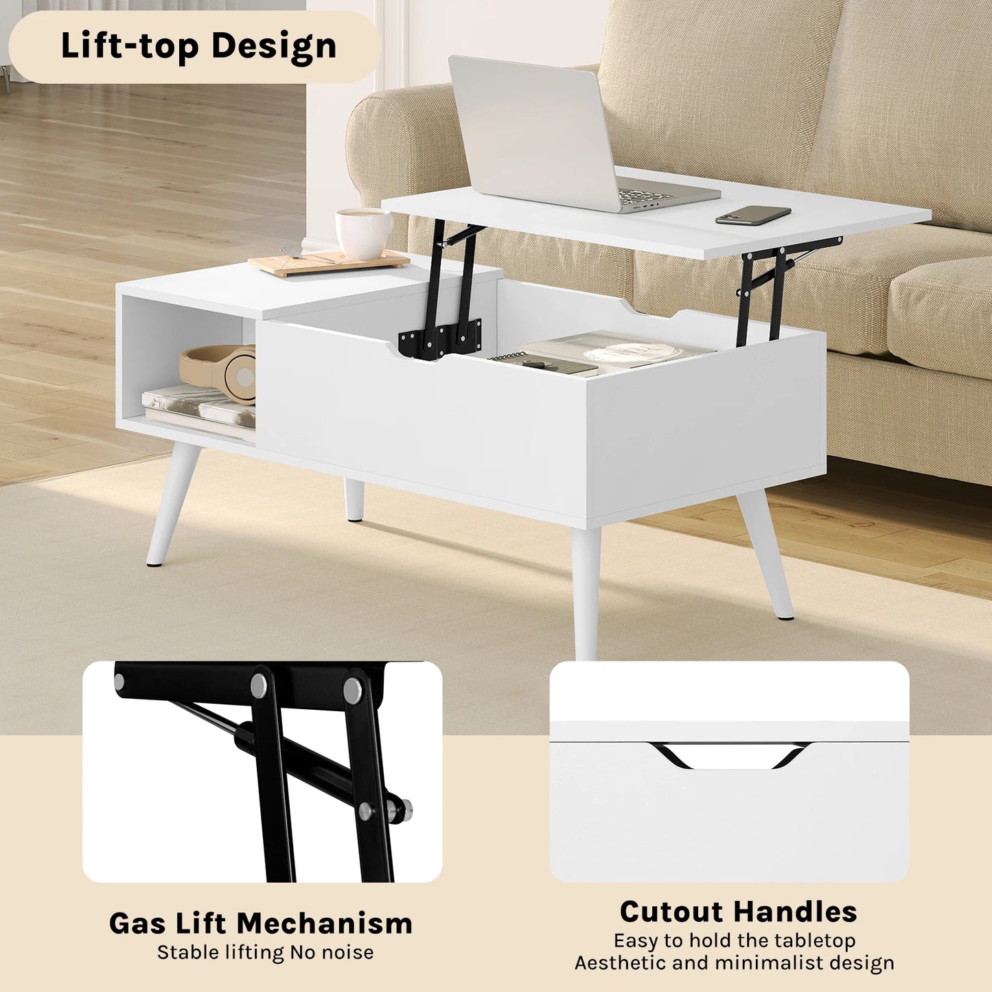 WOLTU Height-Adjustable Coffee Table with Hidden Storage Lifting Board Folding Table for Living Room Side and Sofa Table