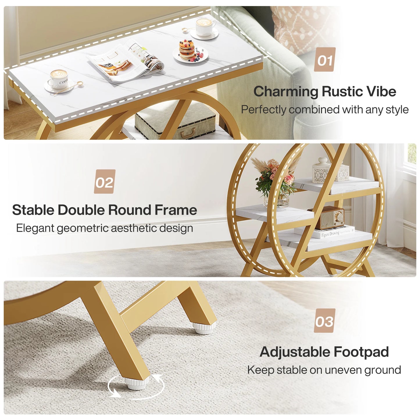 Table d'appoint André — bois, métal, rangement intégré, 3 niveaux