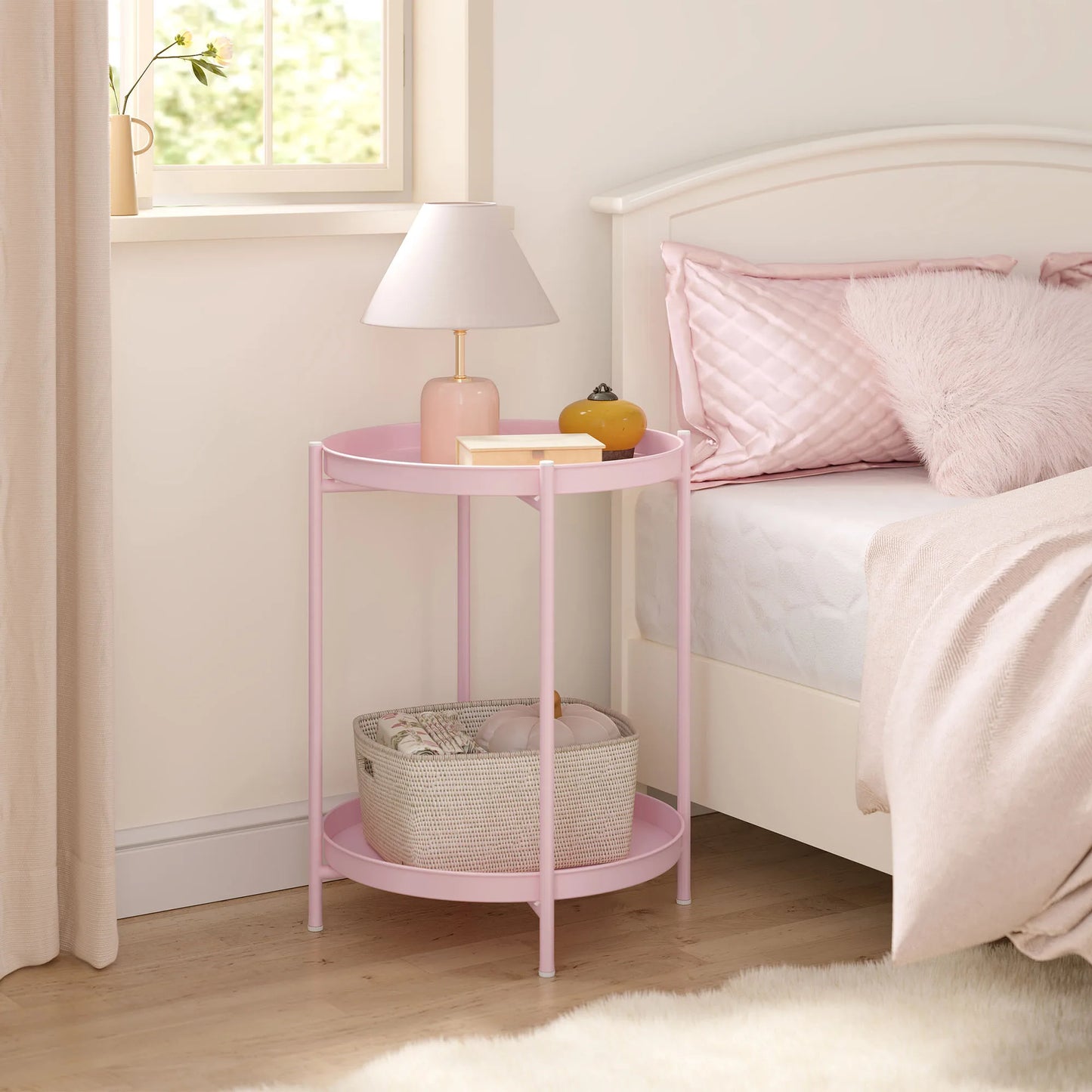 WOLTU Round Coffee Table Metal Side Table with Storage Space 2 Removable Trays Bedside Table for Bedroom Living Room Decor