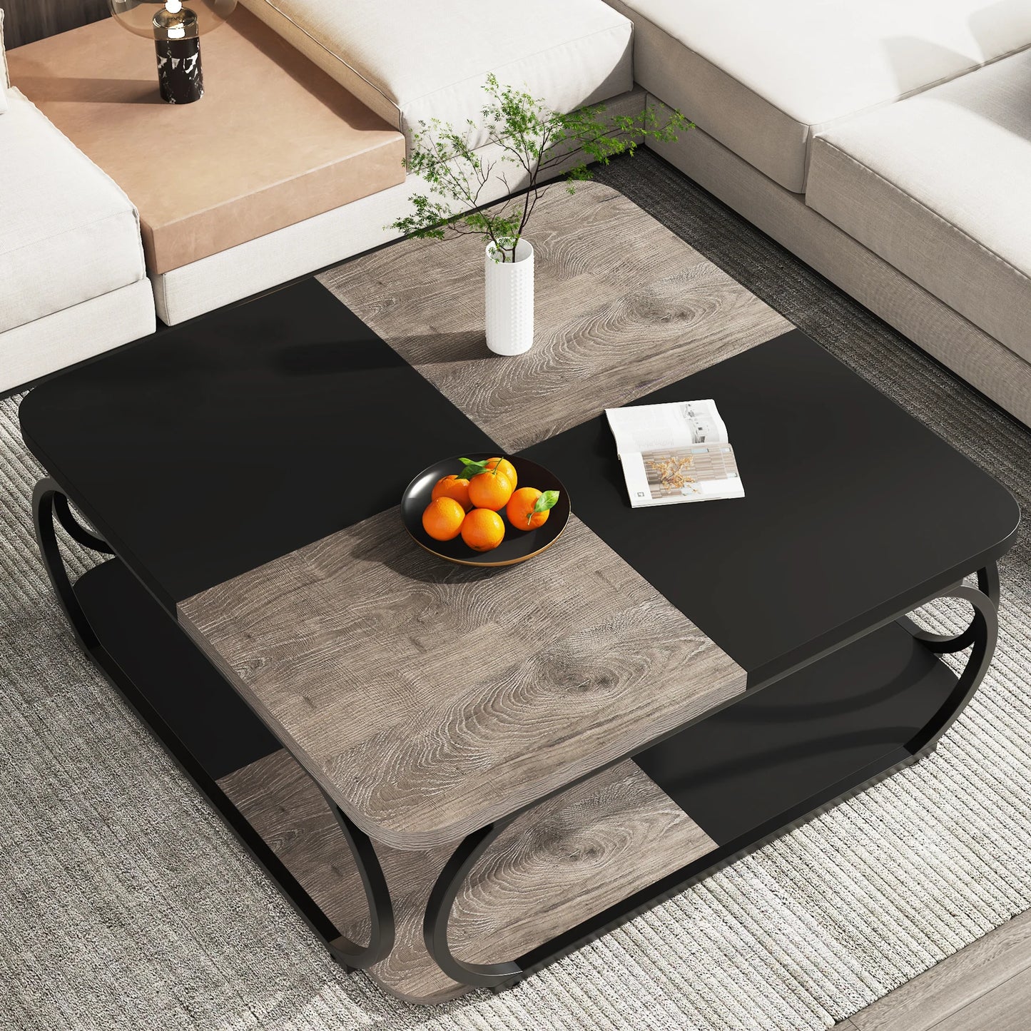Table basse Mélanie — bois, métal, rangement intégré, 2 niveaux