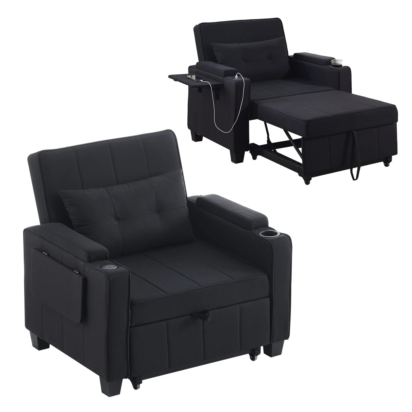 3-in-1 Sofa Bed with USB and Type-C, Adjustable Backrest TV Chair with Drink Holder and Armrest for Small Room Apartments