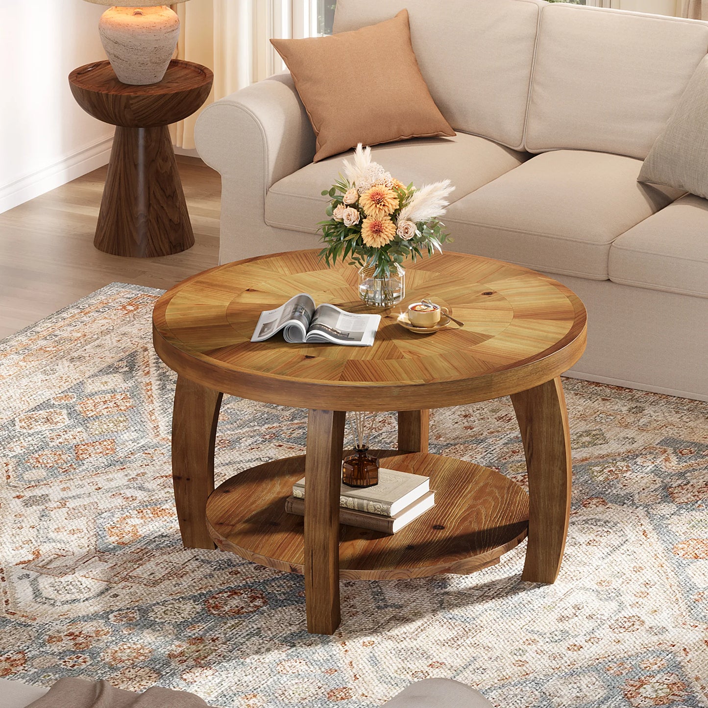 Table basse Yvonne — finition marron, bois massif, rangement intégré, 2 niveaux
