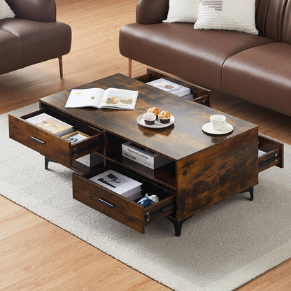 Coffee Table with Storage, Wooden Centre Table Living Room with 4 Drawers and 4 Open Shelves, Modern Rectangle Tea Table