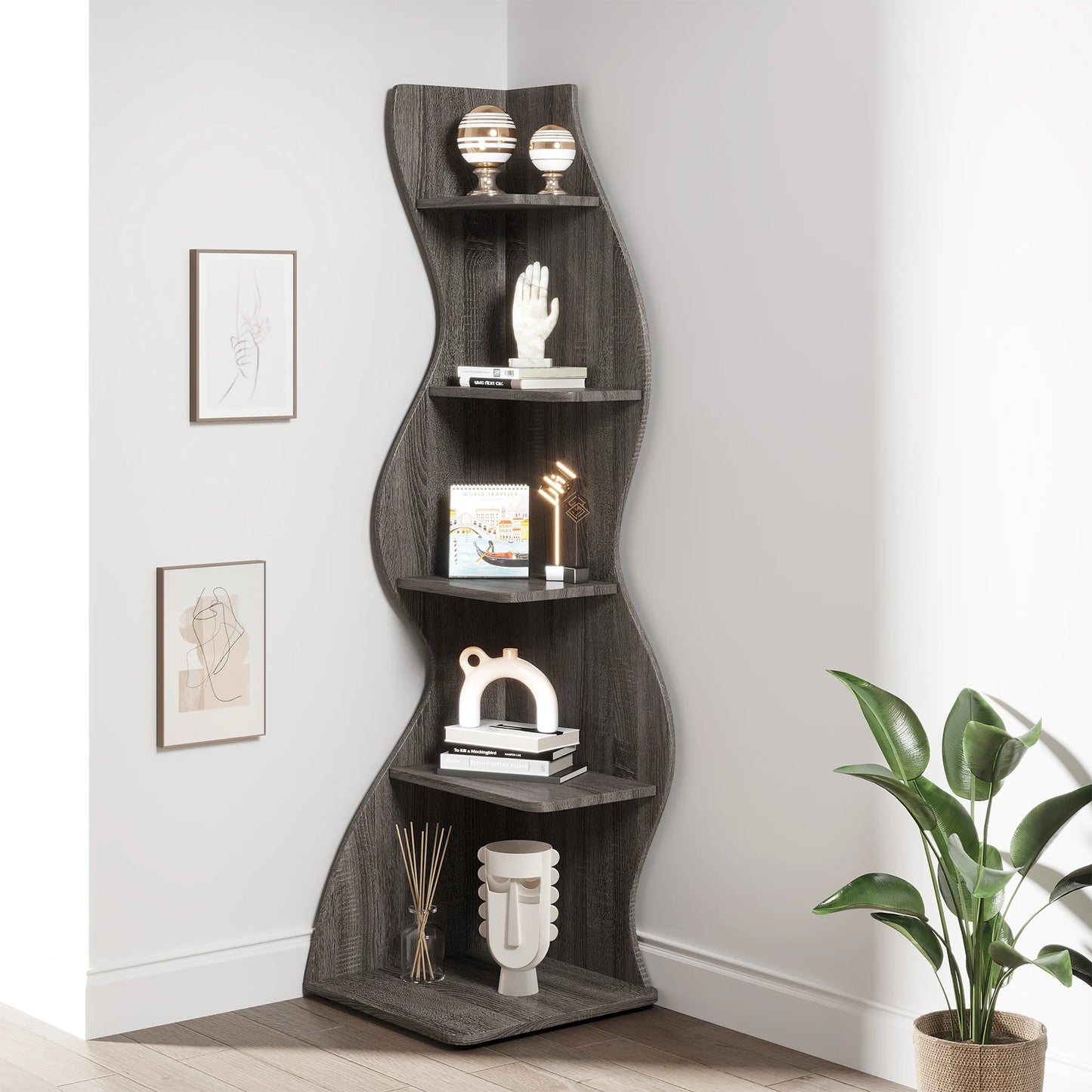 Bibliothèque Jules — design contemporain, rangement intégré, 5 niveaux, meuble d'angle
