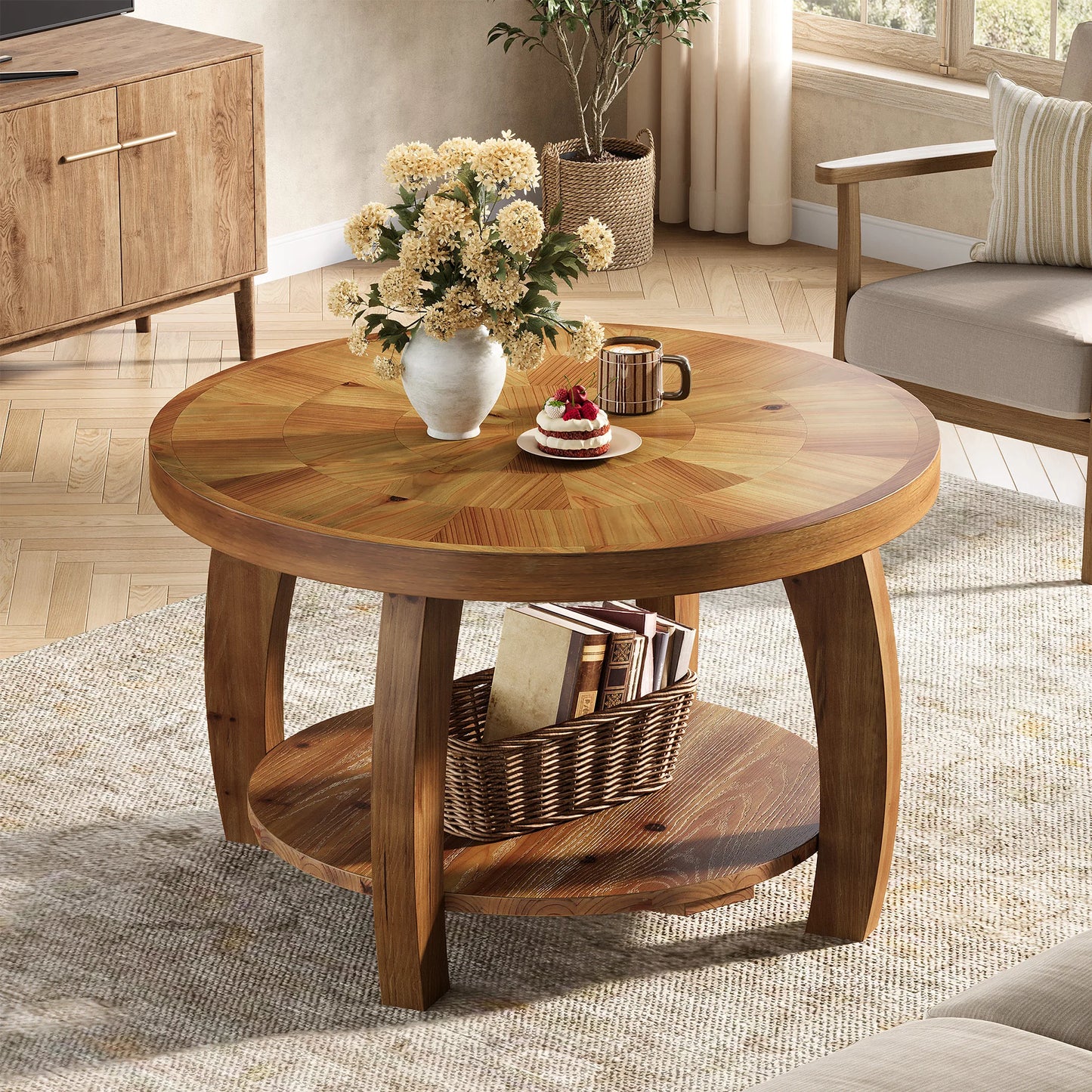 Table basse Yvonne — finition marron, bois massif, rangement intégré, 2 niveaux