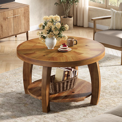 Table basse Yvonne — finition marron, bois massif, rangement intégré, 2 niveaux