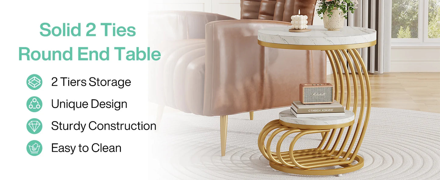 Table d'appoint Pénélope — finition dorée, marbre, design contemporain, rangement intégré