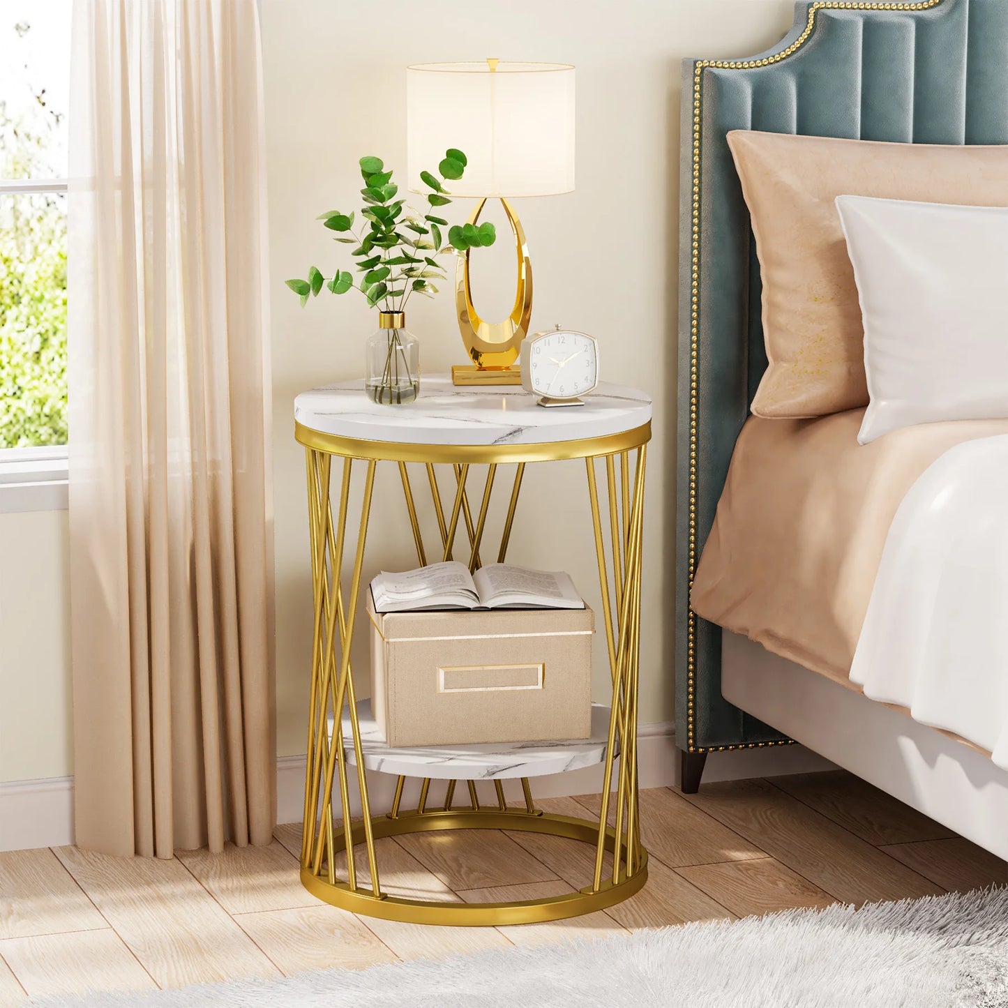 Table d'appoint Matthieu — finition blanche, marbre, design contemporain, rangement intégré