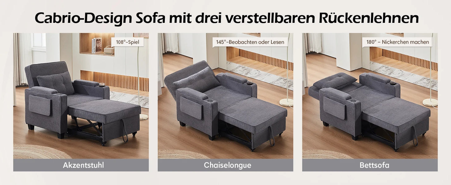 3-in-1 Single Sofa Bed with USB and Type-C, Adjustable Backrest TV Chair with Drink Holder and Armrest for Small Room Apartments