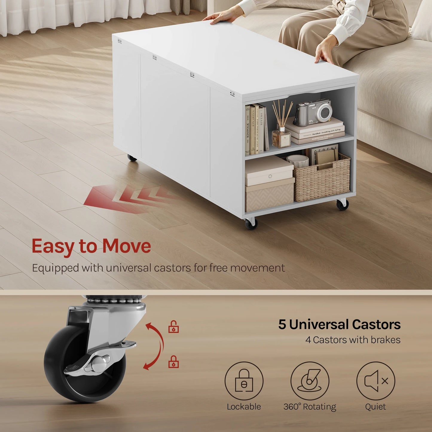 WOLTU Double Lift Top Coffee Table with Wheels Wood Sofa Table with Drawer and Storage Shelf Height-Adjustable Extendable for Living Room