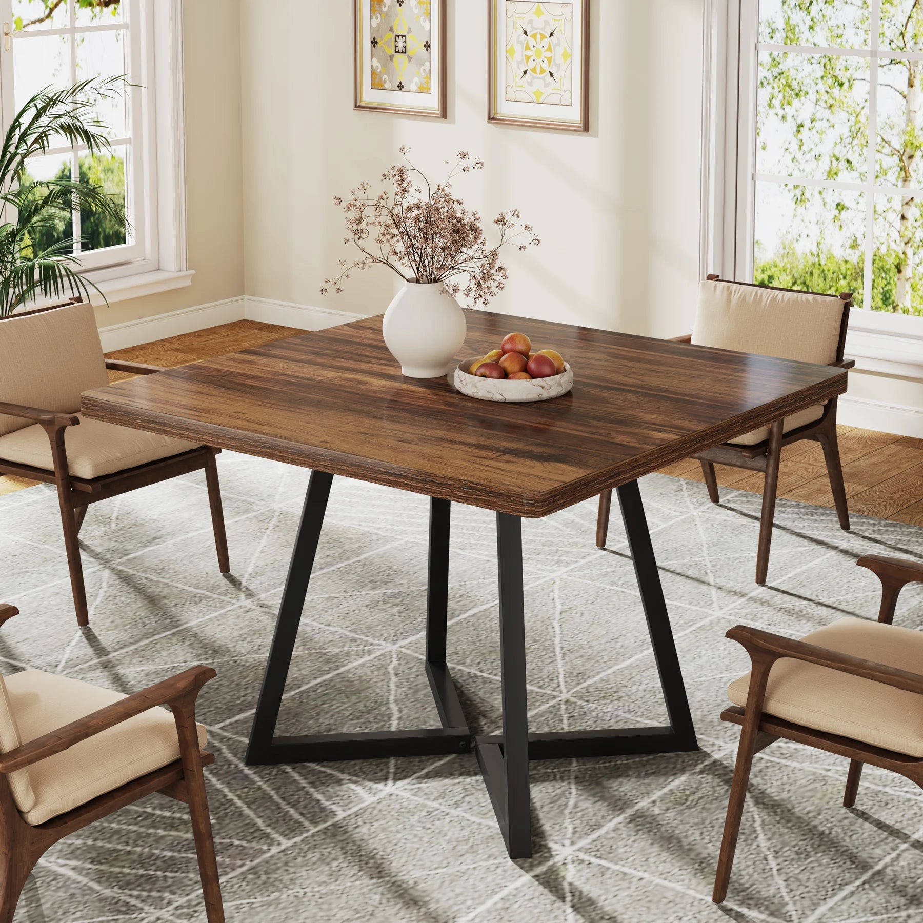 Table de salle à manger Astrid — bois, métal, style industriel, carrée