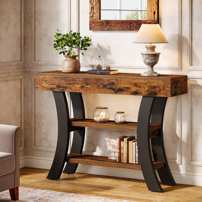 Console Valérie — style rustique, rangement intégré, 3 niveaux, étagères ouvertes
