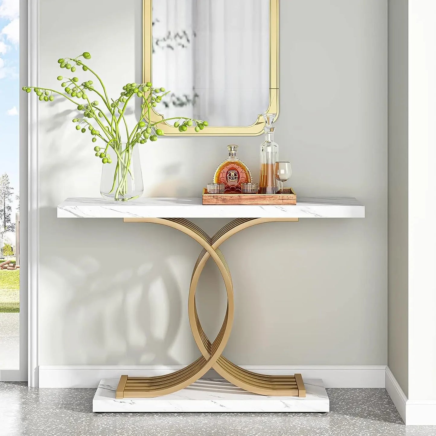 Console Axel — finition dorée, bois, marbre, métal