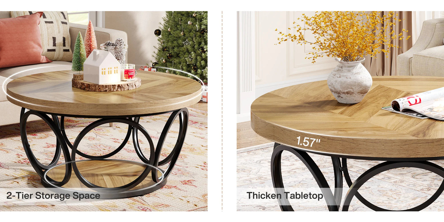 Table basse Denis — bois, métal, rangement intégré, 2 niveaux