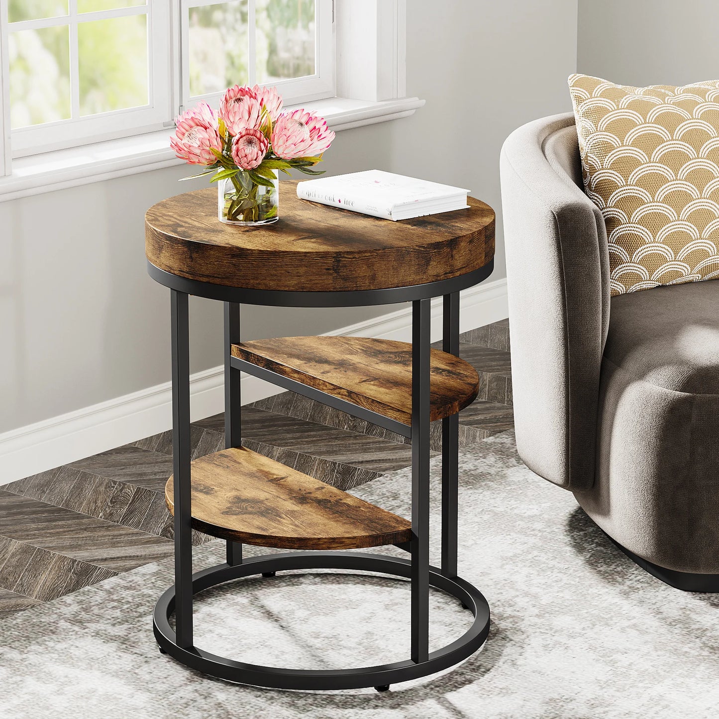 Table d'appoint Pauline — bois, style industriel, rangement intégré, ronde