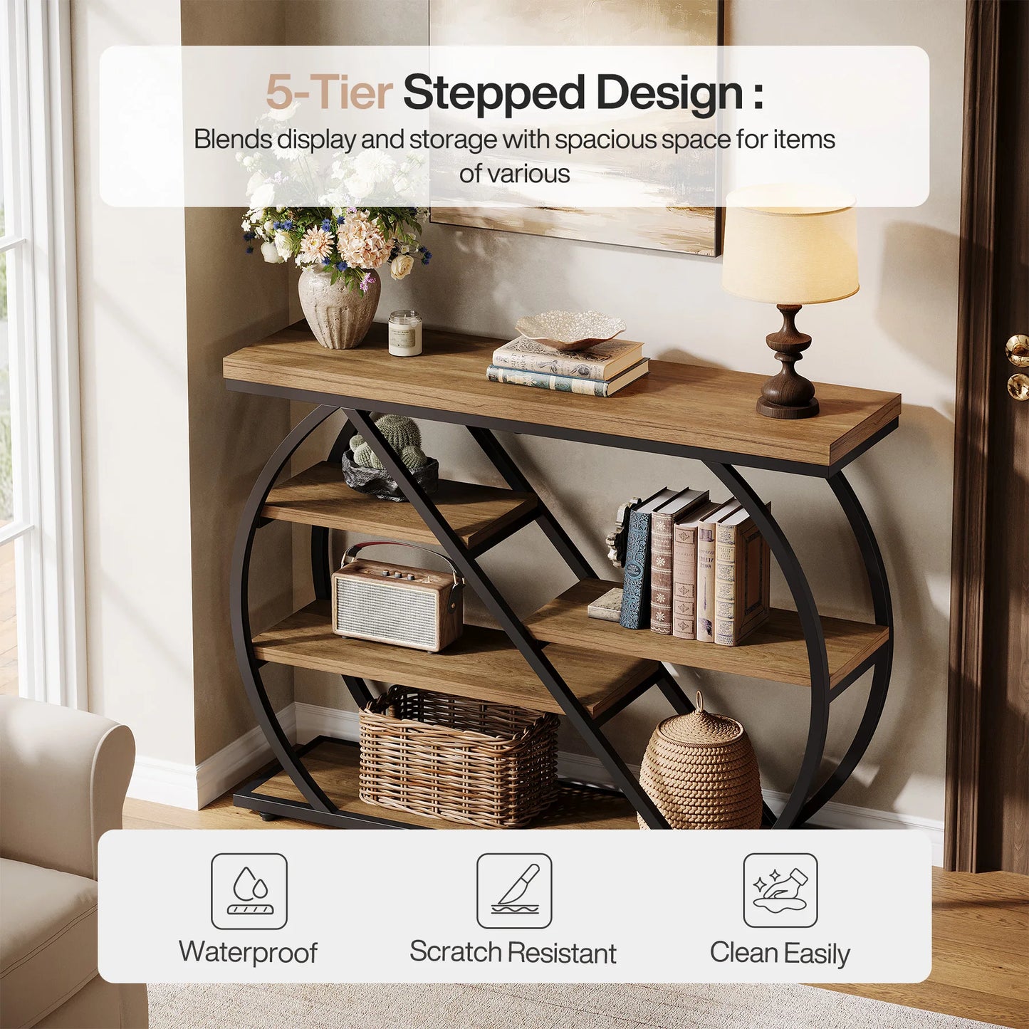 Console Antoine — bois, style rustique, rangement intégré, étagères ouvertes