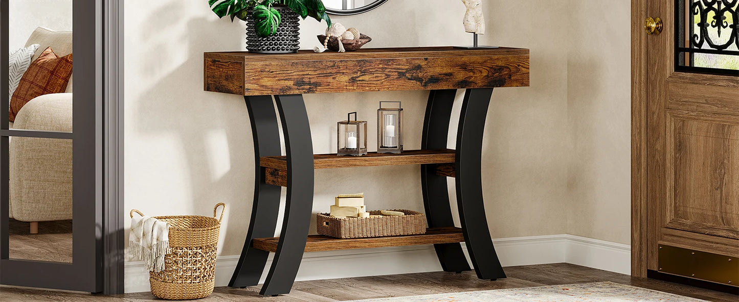 Console Valérie — style rustique, rangement intégré, 3 niveaux, étagères ouvertes