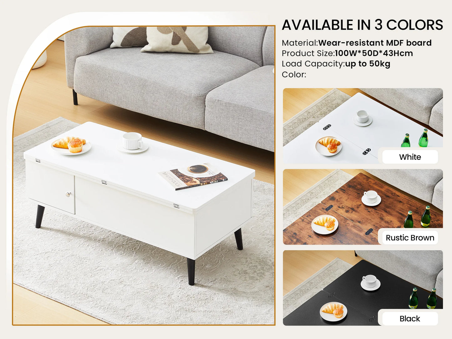 Convertible Coffee Table with Lifting Top, Retractable Living Room Table, Wooden Sofa Side Table with Hidden Storage Space
