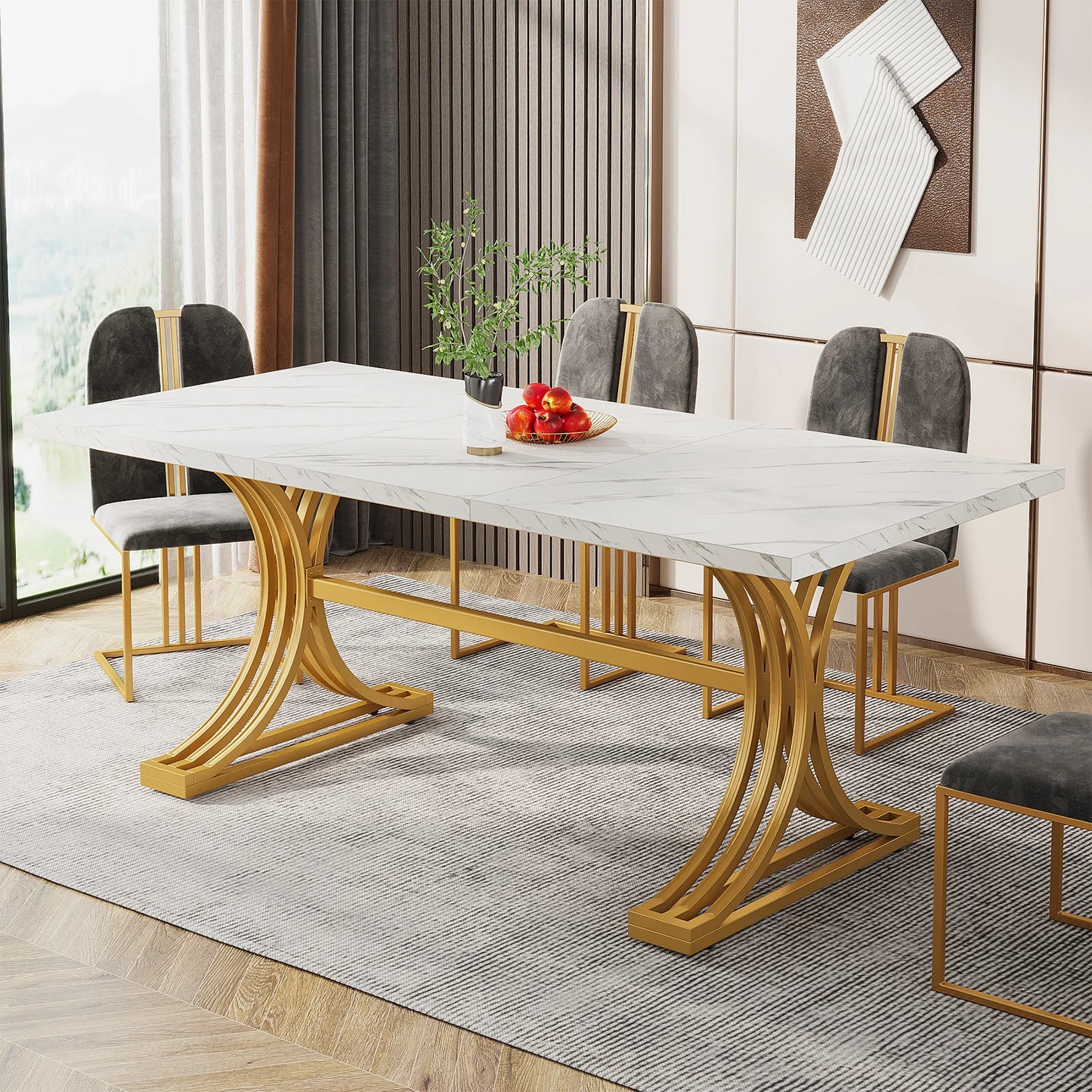 Table de salle à manger Louise — finition blanche, marbre, design contemporain, rectangulaire