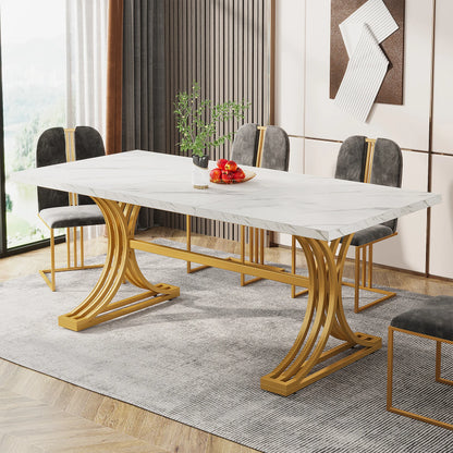 Table de salle à manger Louise — finition blanche, marbre, design contemporain, rectangulaire