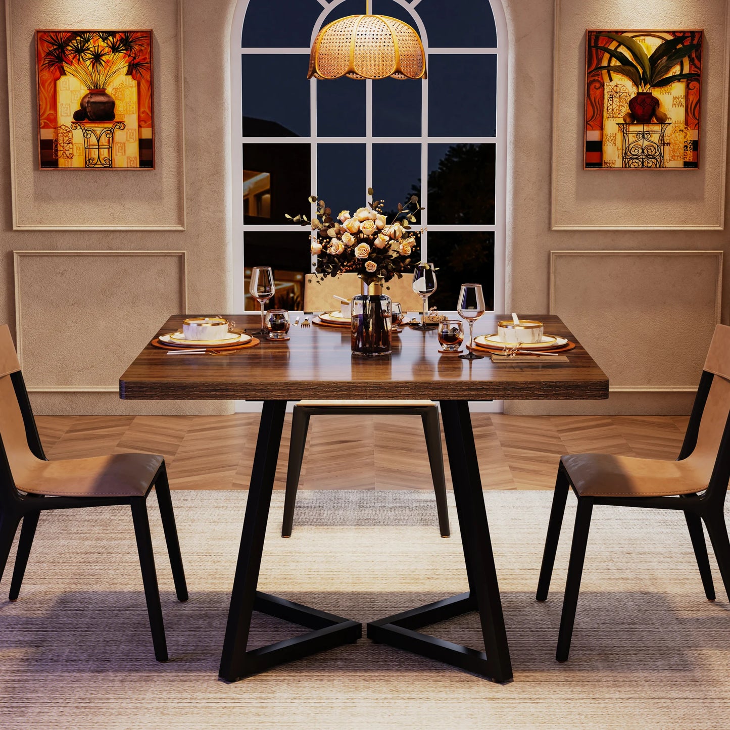 Table de salle à manger Astrid — bois, métal, style industriel, carrée