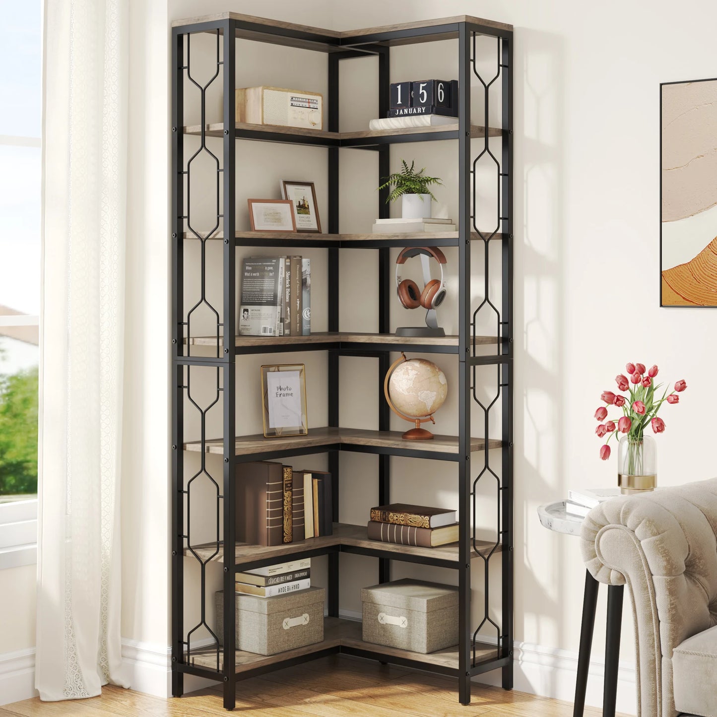 Bibliothèque Jocelyne — bois, métal, style industriel, 7 niveaux