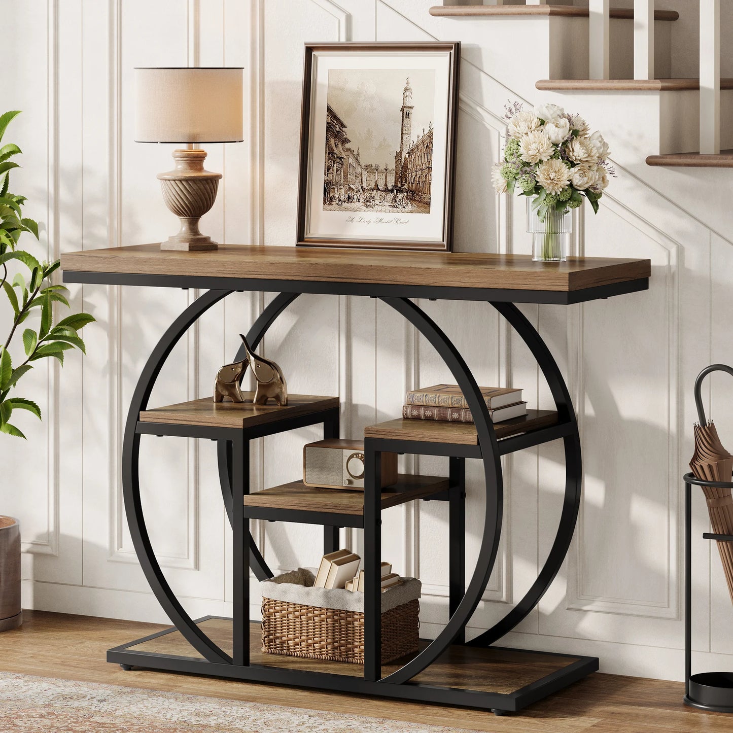 Table d'appoint Nathalie — bois, métal, style industriel, rangement intégré