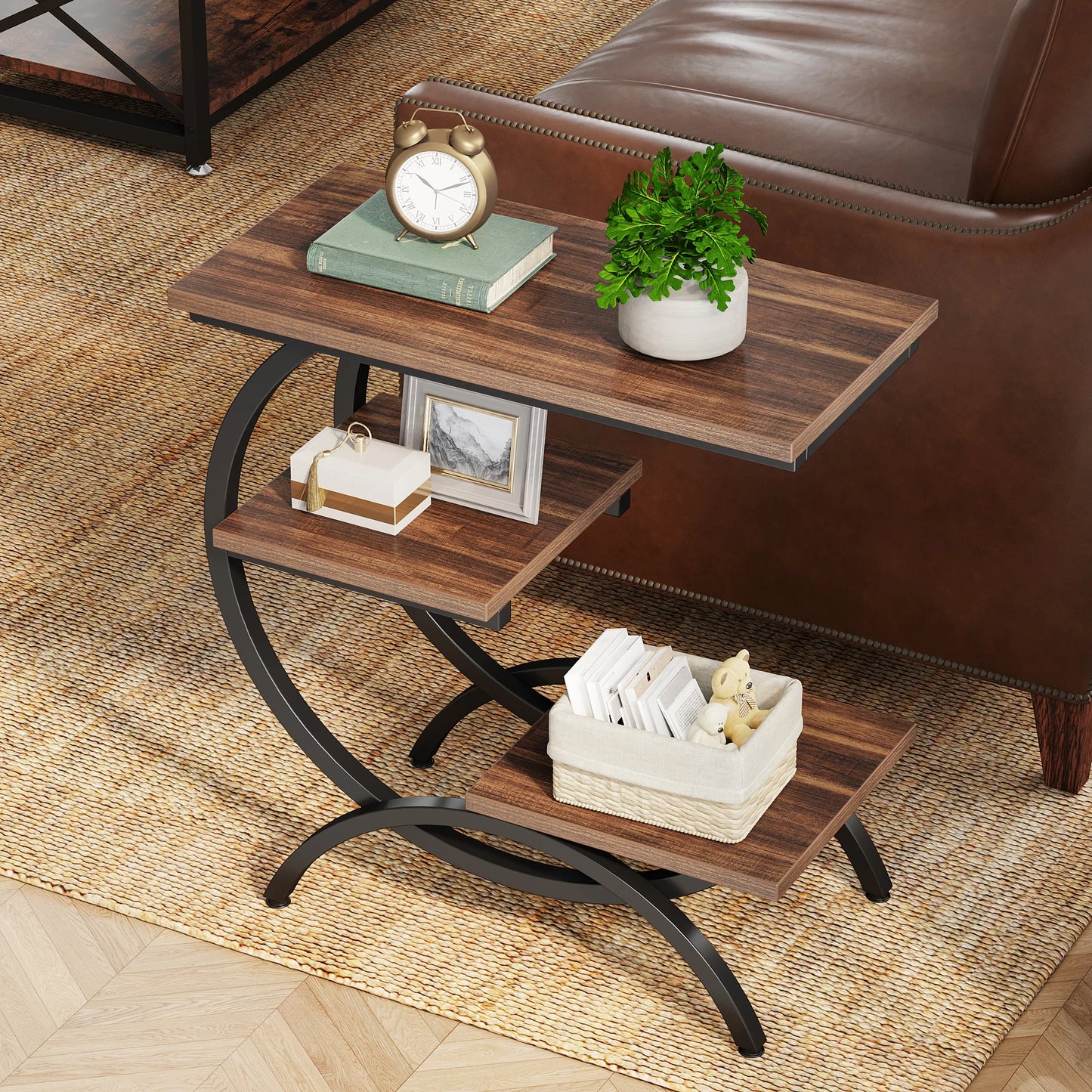Table d'appoint Tanguy — bois, style industriel, rangement intégré, 3 niveaux