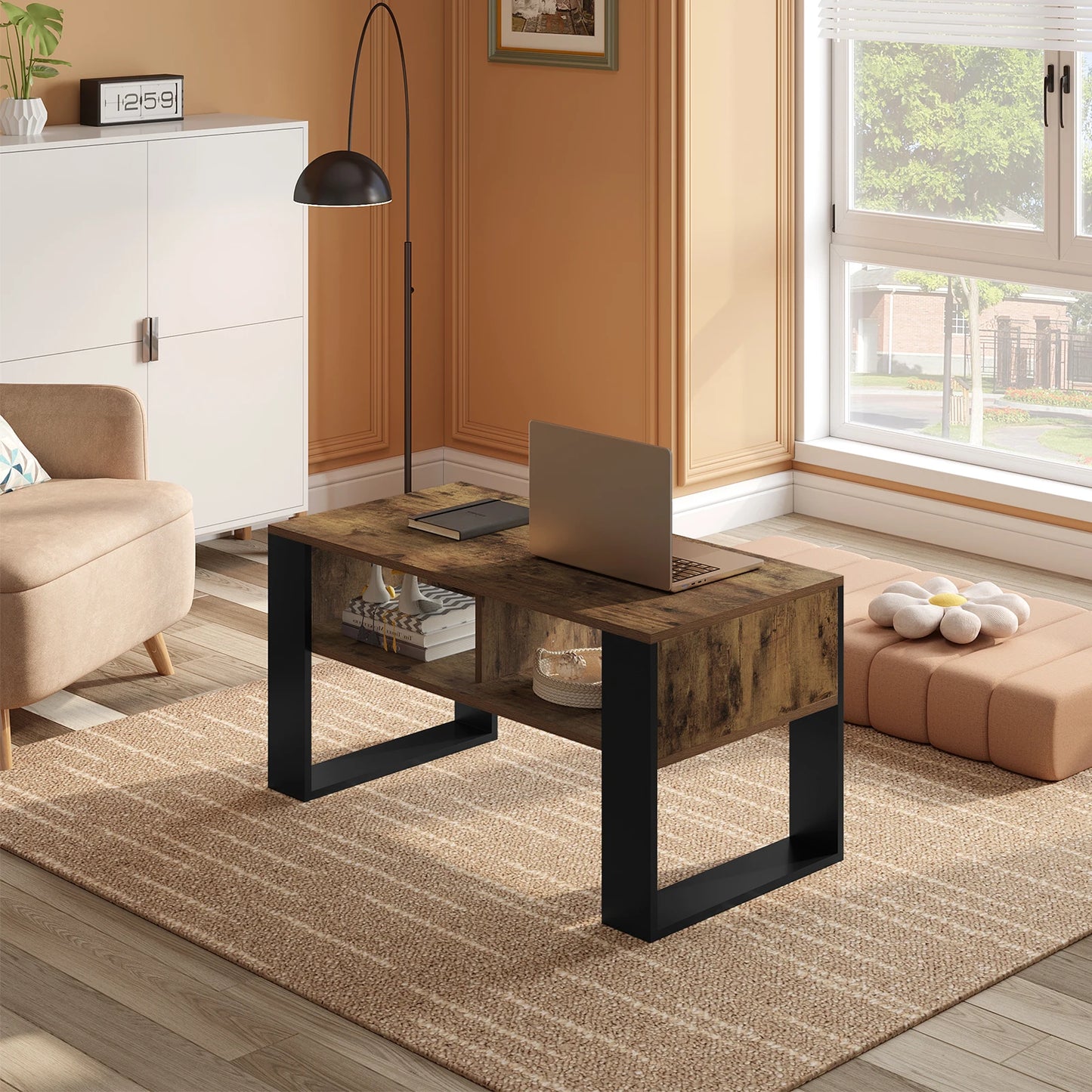 WOLTU Tea Coffee Table with Storage 2 Open Compartments Vintage Industrial Style Sofa Table Side Table for Living Room Bedroom
